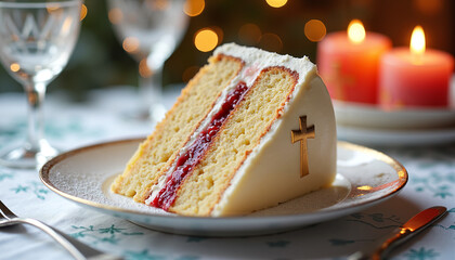 Delicious Epiphany cake slice with raspberry filling and cross symbol on a plate with candles and wine glasses for festive Christian celebration