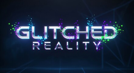 Glitched reality text effect with pixelated glitch effect on a dark blue background with grid lines