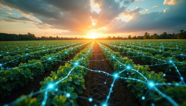 Green farm field with glowing blue digital grid overlay at sunset. Rows of crops grow under a dramatic sky. Futuristic agriculture uses smart tech for monitoring and data analysis.