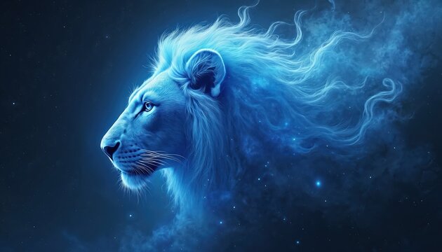 Blue fantasy lion head glows in dark cosmic space. Majestic animal portrait blends into starry galaxy nebula background. Mystic creature with glowing mane floats among stars. Digital art illustration
