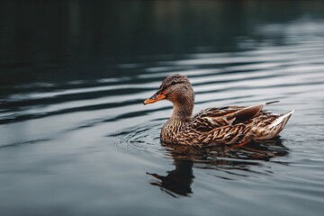 Fototapeta premium Serene Duck A graceful mallard gliding on calm lake waters.