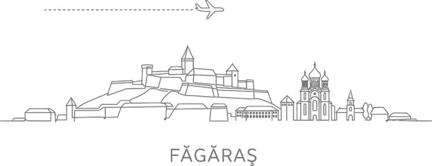 Obraz premium Făgăraș Romania Skyline Silhouette with Airplane