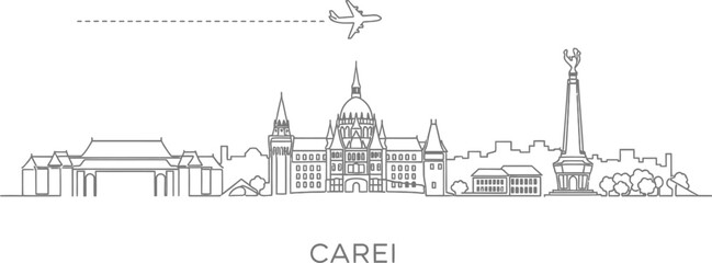 Fototapeta premium Line Art Cityscape Skyline with Airplane and Name CAREI