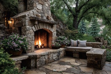 Fototapeta premium Cozy Hearth: A rustic stone fireplace with a crackling fire and bench create an inviting outdoor space, with lush plants and trees surrounding, offering a sense of warmth and tranquility.