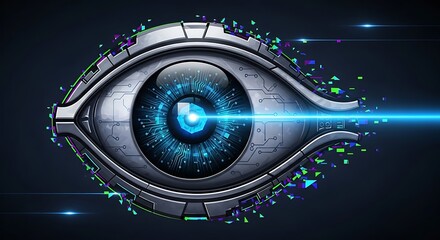 A futuristic eye with circuit board details and a bright blue light emanating from the pupil