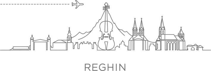 Fototapeta premium Reghin City Skyline with Violin and Airplane