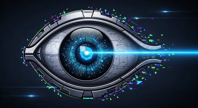 A futuristic eye with circuit board details and a bright blue light emanating from the pupil