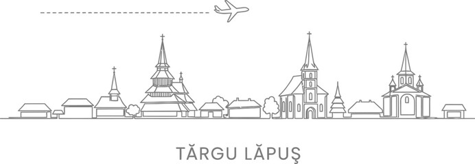 Fototapeta premium Targu Lapus Skyline with Airplane Travel Route
