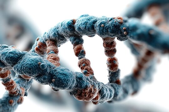 DNA Helix: A close-up view of a vibrant DNA helix, illustrating the elegance and complexity of life's building blocks, with focus on structure and scientific precision.