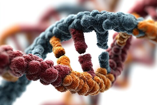 DNA Helix: A close-up view of a vibrant DNA helix, illustrating the beauty of molecular biology and the building blocks of life. - Powered by Adobe