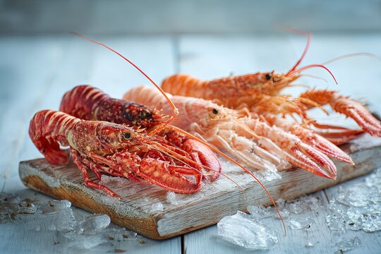 Fresh Catch Langoustines  Lobster on Ice with Seafood Delights.