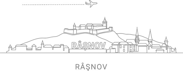 Obraz premium Rasnov Skyline with Castle and Airplane