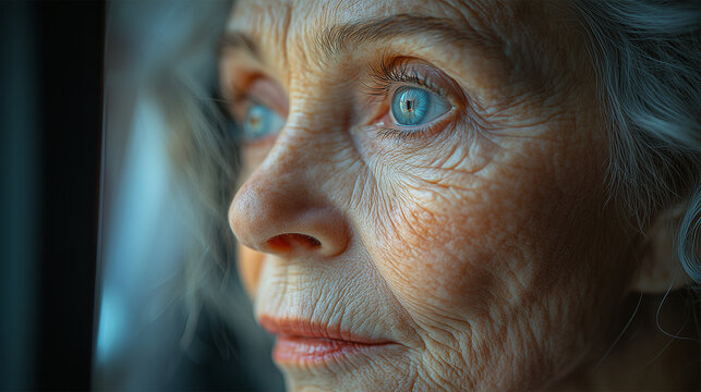 Close up portrait of an old woman looking out of a window - ai generative