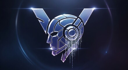 A stylized logo featuring a futuristic robotic head with binary code on a dark blue background