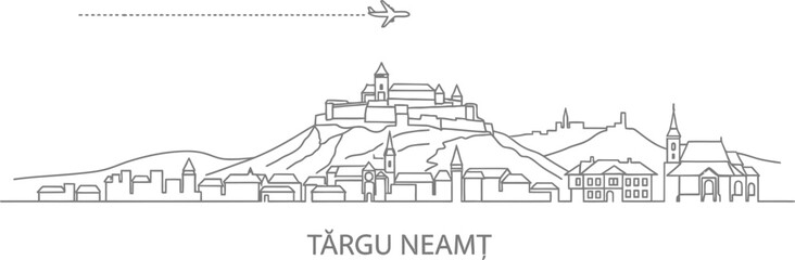 Obraz premium Targu Neamt Cityline with Airplane and Mountain View