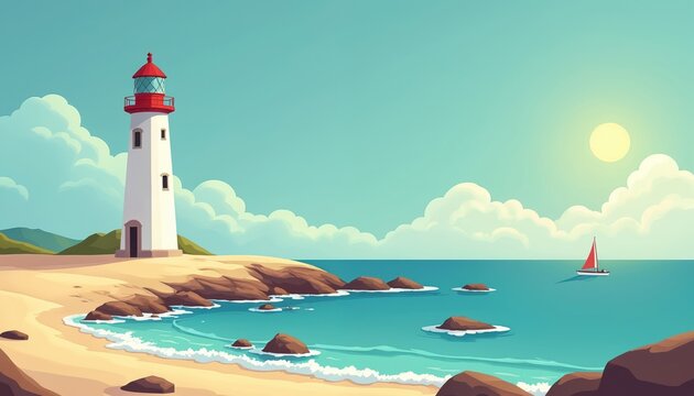 White lighthouse stands on sandy shore near blue sea waves. Red sailboat glides on water under sunny sky with clouds. Coastal landscape with natural elements and ocean.