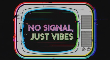 Retro television with glitch effect displaying the text no signal just vibes on a black background