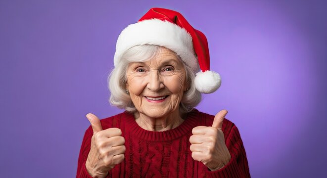 A cheerful senior in a Santa hat gives a double thumbs-up against a vibrant backdrop, expressing holiday cheer and positivity. - Powered by Adobe