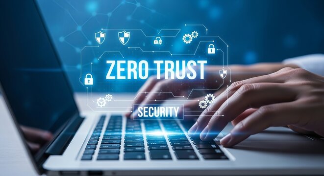 Zero trust security concept person typing on laptop digital network