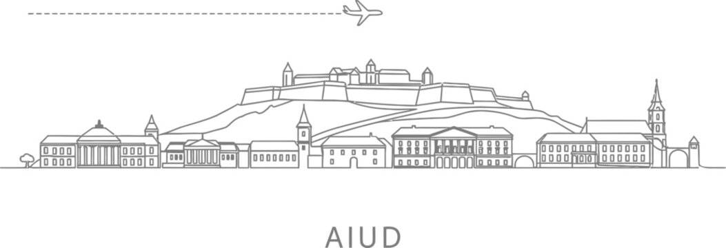 Aiud Skyline Cityscape Line Art with Airplane