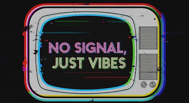 Retro television with glitch effect displaying the text no signal just vibes on a black background