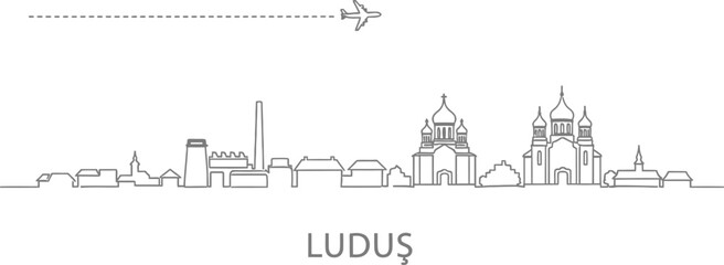 Obraz premium Ludus city skyline with airplane and dashed line trail