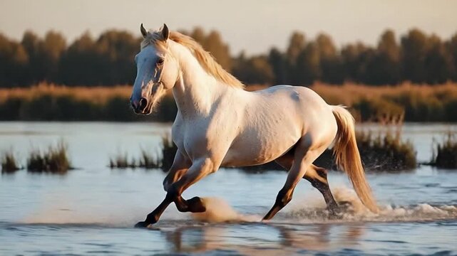 Camargue horse running at sunset video