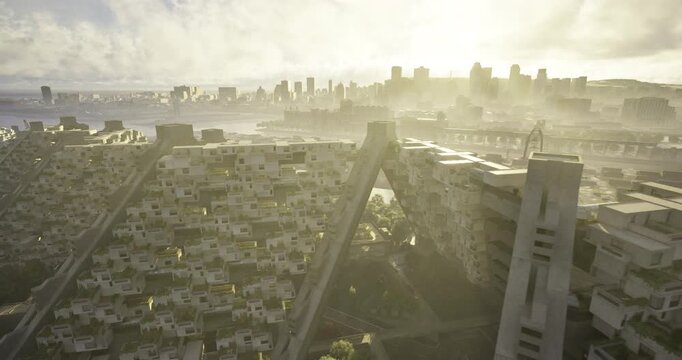 Modern architectural structures rise against the horizon as the sun begins to rise over the city. The scene captures the harmonious blend of nature and urban living.