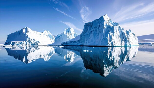 Large, white icebergs with textured surfaces float serenely in calm, deep blue water under a bright, clear sky.