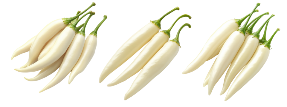White chili peppers with green stems isolated on a white transparent background. Spicy food and cooking ingredient concept