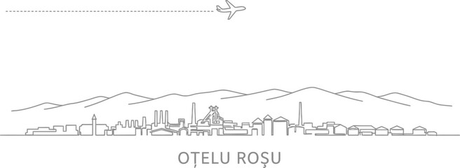 Obraz premium Oțelu Roșu Skyline with Airplane and Mountains