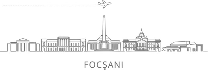Focsani Romania City Skyline Airplane Travel Line Art