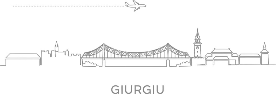 Giurgiu Romania Skyline with Airplane and Bridge Icon