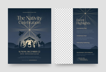 Christmas Nativity Flyer Template with Holy Family Silhouette and Event Details for Church Celebration or School Nativity Play