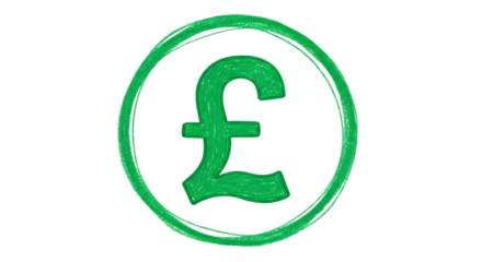 Green Pound Sterling Symbol Hand Drawn Sketch Inside Circle, isolated on a transparent background, cutout, PNG
