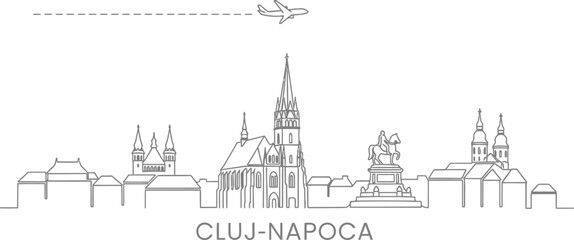 Obraz premium Cluj-Napoca Skyline with Airplane Silhouette and Text