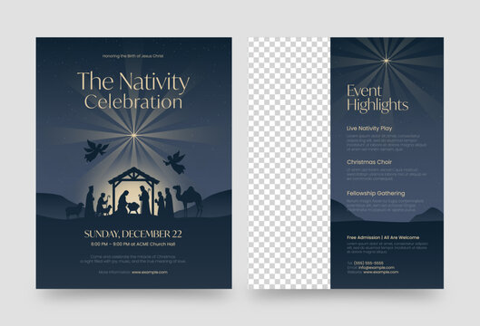 Christmas Nativity Flyer Template with Holy Family Silhouette and Event Details for Church Celebration or School Nativity Play