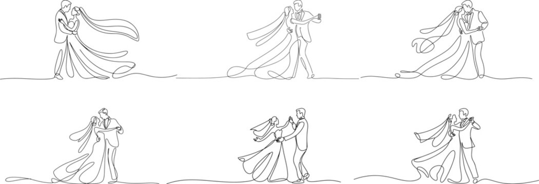 Collection of Minimalist line art of a bride and groom in an elegant dance pose, hand drawn concept for decoration on white background. 
