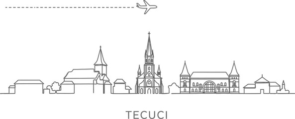 Fototapeta premium Tecuci Skyline with Airplane and Dashed Line