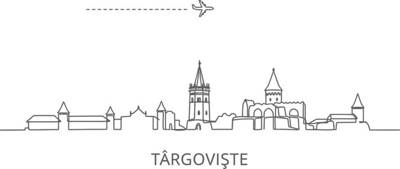 Obraz premium Targoviste Skyline with Airplane Travel Icon