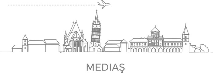 Obraz premium Medias Skyline with Airplane and Dotted Line