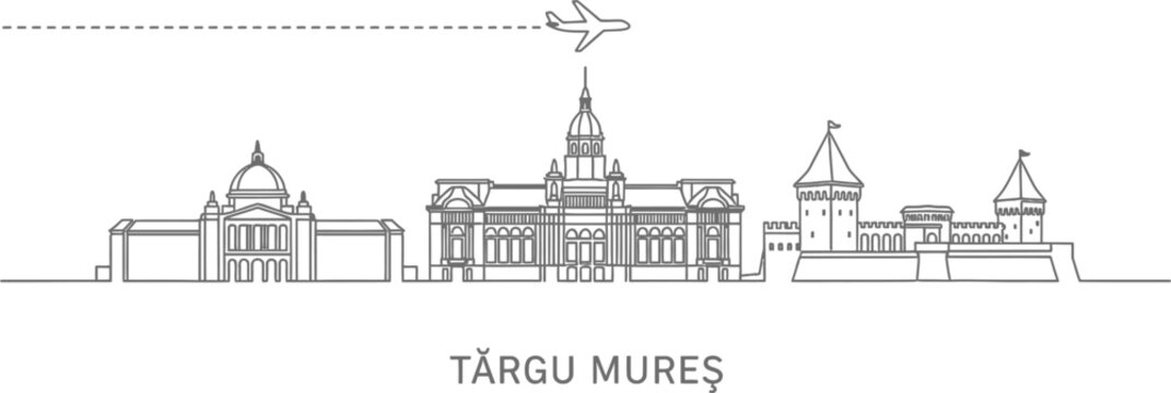 Targu Mures Skyline with Airplane and Dashed Line