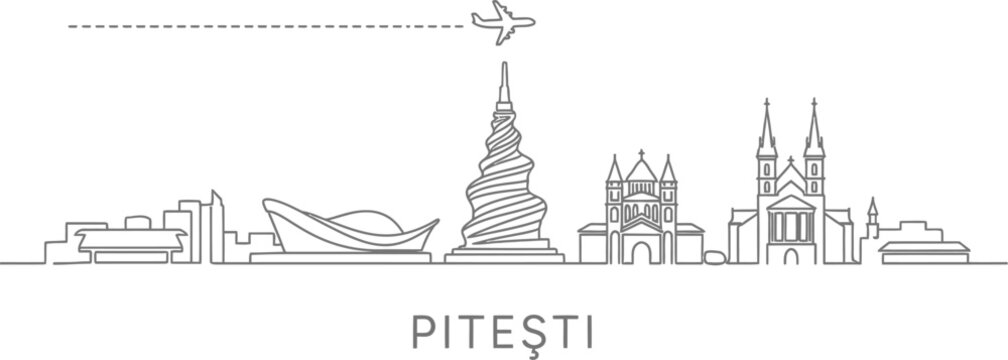 Pitesti Skyline Outline with Airplane and Dash Trail