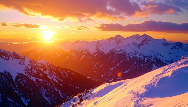 A breathtaking panoramic view of snow-covered mountains illuminated by a fiery sunset, casting long shadows and highlighting the rugged peaks. - Powered by Adobe