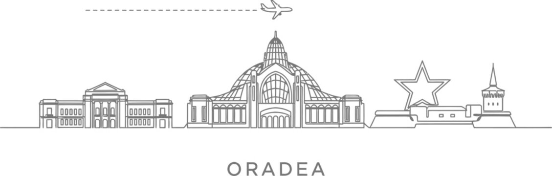 Oradea Skyline Cityscape with Airplane Travel Icon