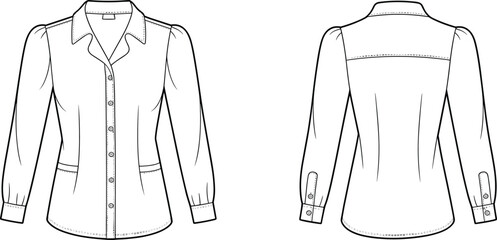 Women's blouse technical sketch, front and back view, puff sleeves, pointed collar, waist pockets, fashion flat, garment construction, vector illustration, button closure
