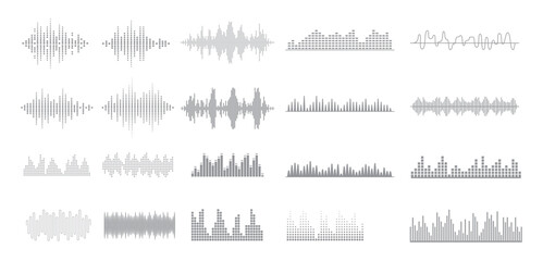Podcast sound waves. Audio wave forms line, sound wave frequency or voice microphone signals. Music, podcast and broadcast and audio branding design.