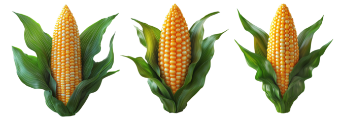 Corn cob with green leaves, isolated on white transparent background, concept of agriculture and healthy food.