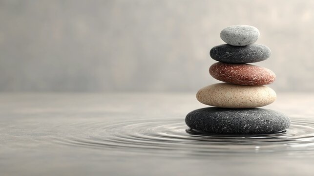 Stack of zen stones balancing on water surface with ripples - Powered by Adobe