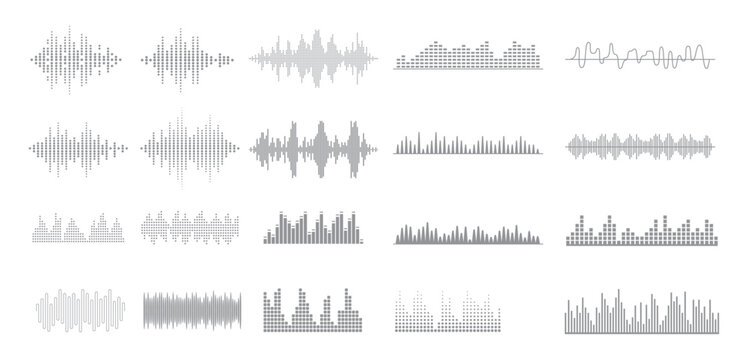 Podcast sound waves. Audio wave forms line, sound wave frequency or voice microphone signals. Music, podcast and broadcast and audio branding design.